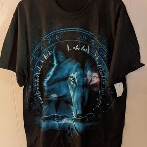 Vintage VTG Blue Wolf Native American Print T-Shirt Size Large & Medium